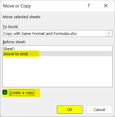 Move or Copy dialog box to create a copy in Excel