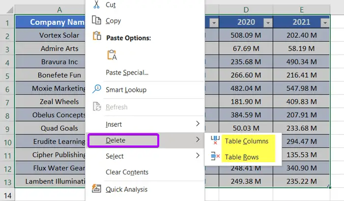 Delete a Table in Excel from the Context Menu