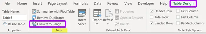 Delete a Table in Excel Using Convert to Range Command