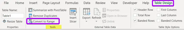 Applying Convert to Range to Delete a Table in Excel but Not the Data