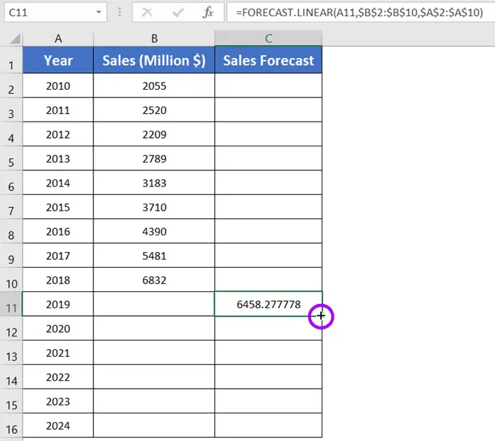 Using Fill Handle to drag down the formula with FORECAST.LINEAR function in Excel