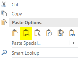 Displaying the Paste Options and Choosing Paste Values in Excel 