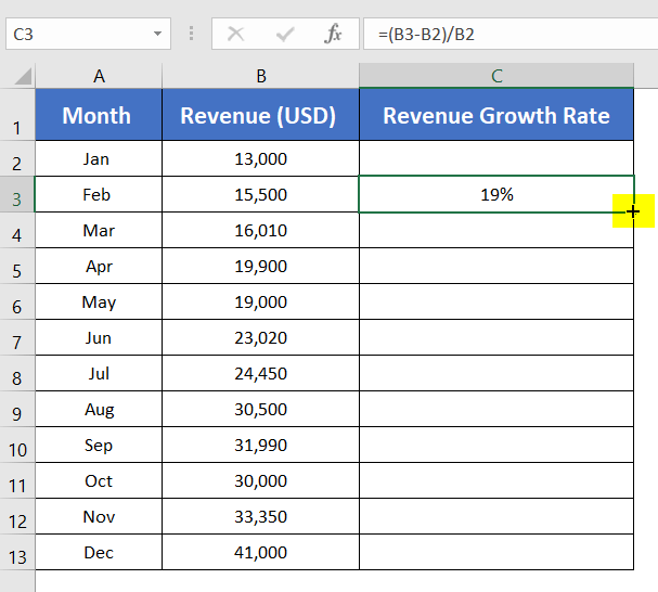 Copying the Formula to Calculate Revenue Growth Rate in Excel