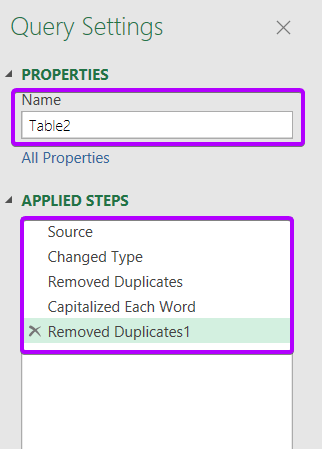 Query Settings dialog box showing all applied steps