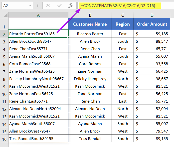 Applied CONCATENATE formula to remove duplicates