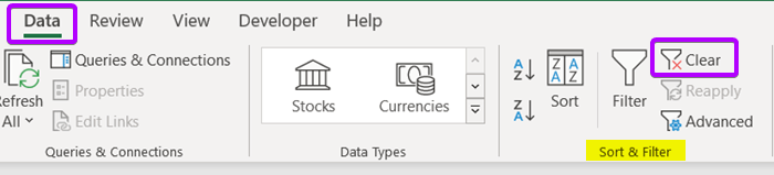 Clear command from the Data tab in the Sort & Filter group