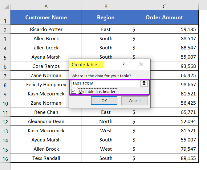 Selection of data range to open Power Query