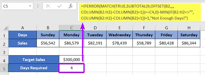 Count Required Columns to Reach a Target Value in Excel