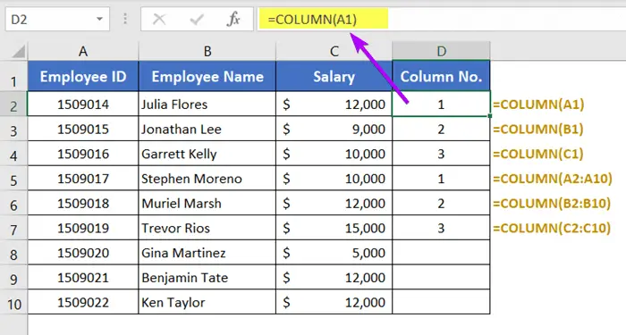 Count Columns in Excel with COLUMN Function
