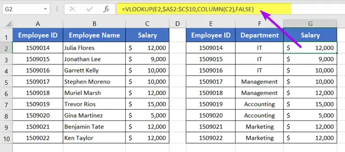 Count Columns in Excel with COLUMN Function for Vlookup