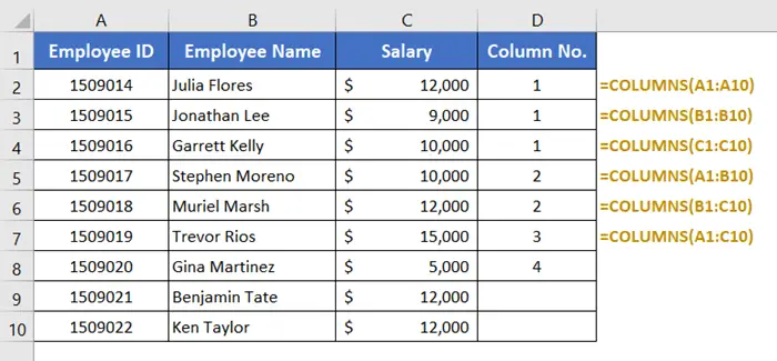 Count Columns in Excel with COLUMNS Function