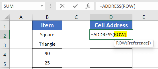 Use the Cell ADDRESS Function and ROW function in Excel