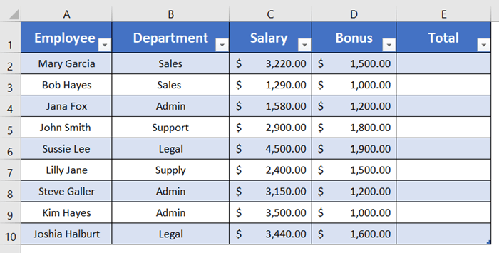 Created table to repeat formula pattern in Excel