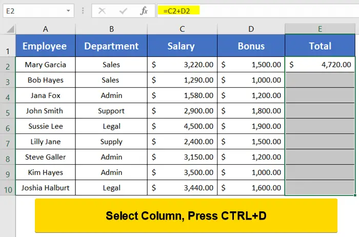 Use CTRL+D Shortcut Key to Repeat Formula Pattern in Excel
