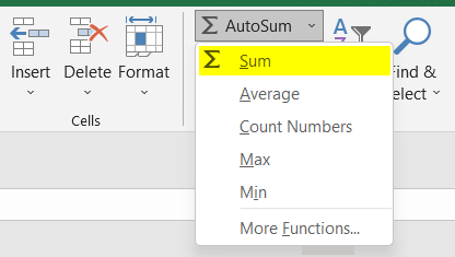 Sun function of Autosum in Excel