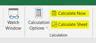Calculate Now and Calculate Sheet beside Calculation Options in Excel