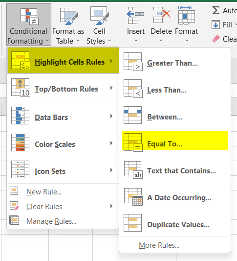 Find 'Equal To' feature to Highlight Equal Values with Conditional Formatting in Excel
