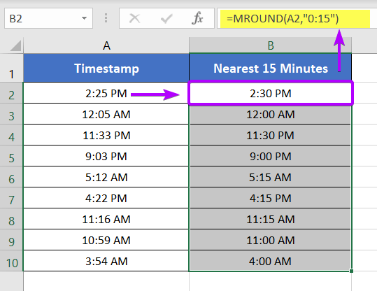 Using MROUND Function to Round Off Time to Nearest Multiple of 15 Minutes in Excel