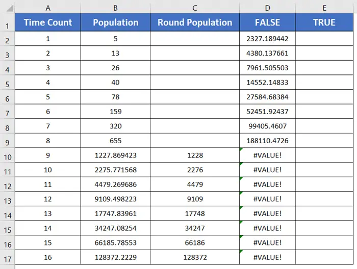 Using Fill Handle to store the result of exponential growth formula for FALSE 