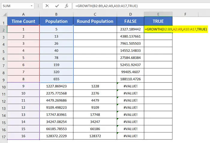 Use of TRUE Argument in Exponential Growth Formula in Excel