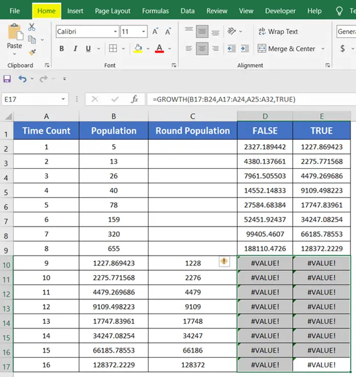Removing Error after Exponential Growth Formula in Excel
