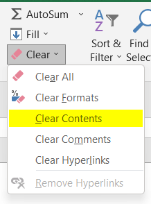 Displaying Clear dropdown and chose Clear Contents in Excel