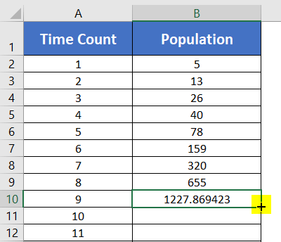 Use of Fill Handle to Copy Exponential Growth Formula in Excel