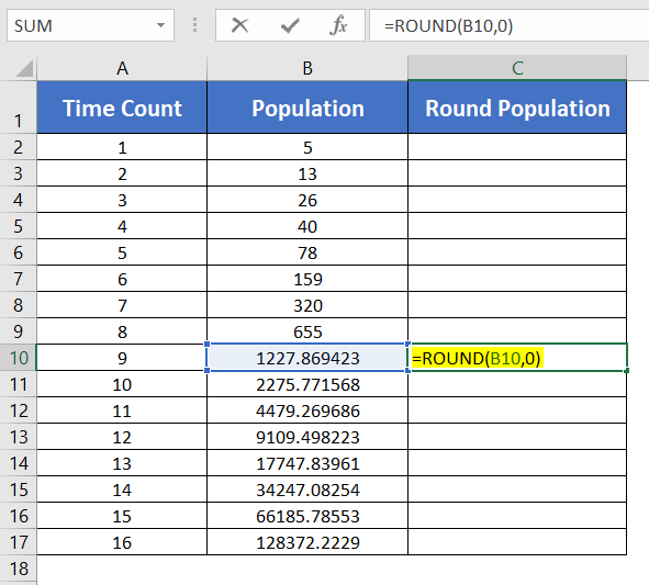 Applying ROUND function after Exponential Growth Formula in Excel