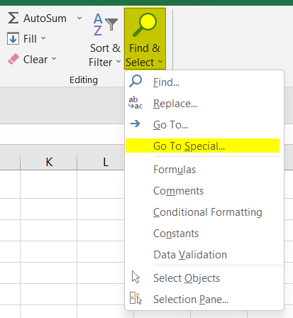 find Go To Special feature in excel