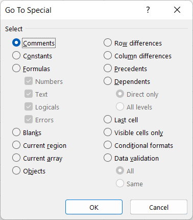 Go To Special dialog box in Excel