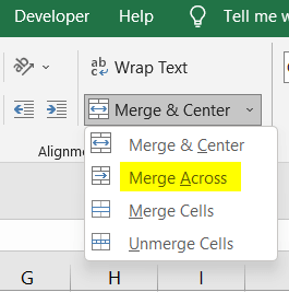 Merge Across command of Merge & Center menu in Excel