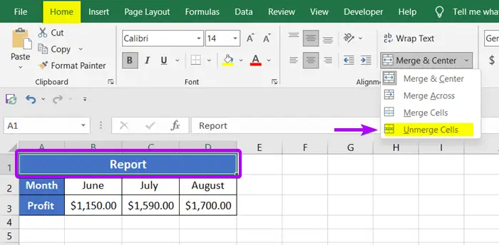Use Unmerge Cells command in Excel