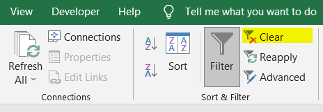Clear command in Sort & Filter Group in Excel