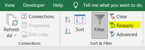 Reapply filter command in Sort & Filter Group in Excel