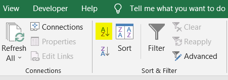 Ascending Sorting from Sort & Filter Group in Excel