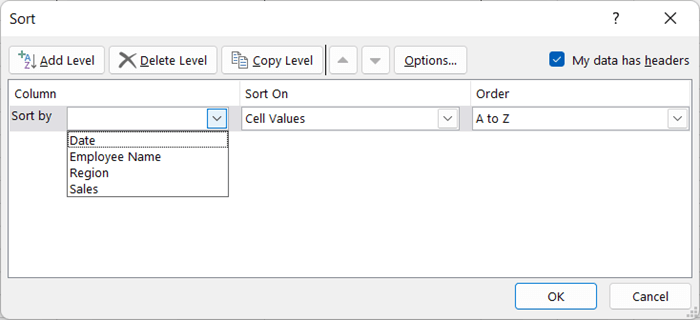 Sort Window from Sort & Filter Group in Excel