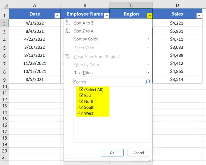 Filter Data using the Sort & Filter Group in Excel