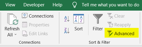 Advanced Filter in Sort & Filter Group in Excel
