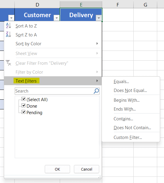 Text Filter from a Table in Excel
