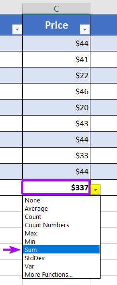 How to sum from the Table in Excel