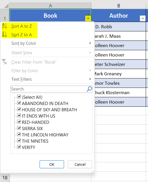 Sort A to Z in a Table in Excel