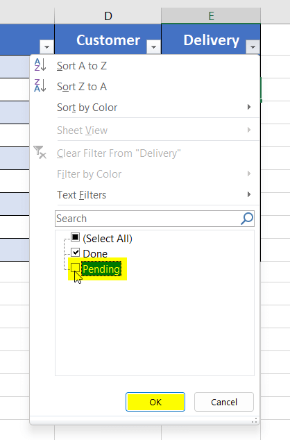 Filter data from a Table in Excel