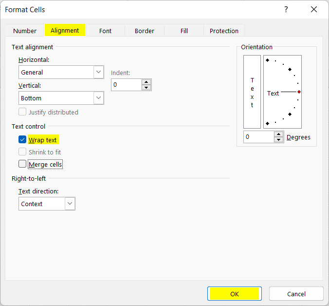 Wrap Text with Format Cells Dialog Box in Excel