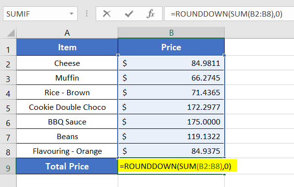 Apply the ROUNDDOWN Function to Round Formula in Excel with Sum