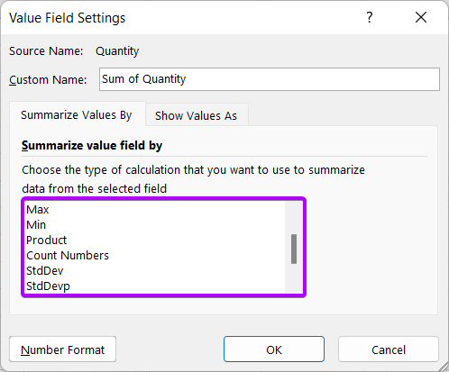 Value Field Settings dialog box in Excel