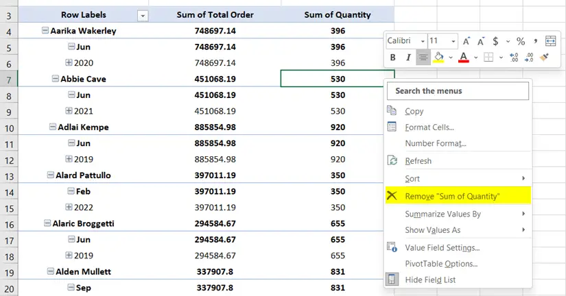 Remove a Field from Pivot Table