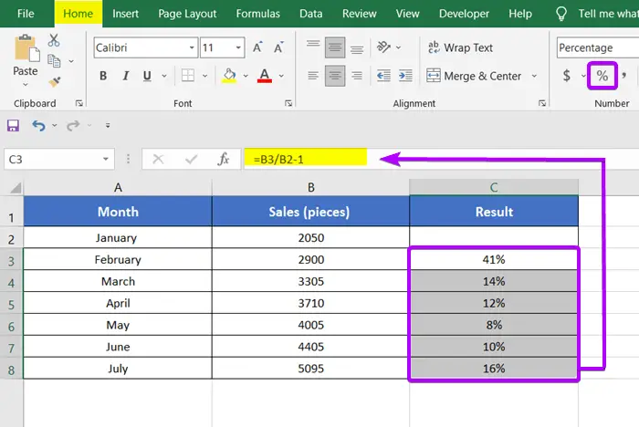 Basic formula to Calculate Percentage Increase in Excel