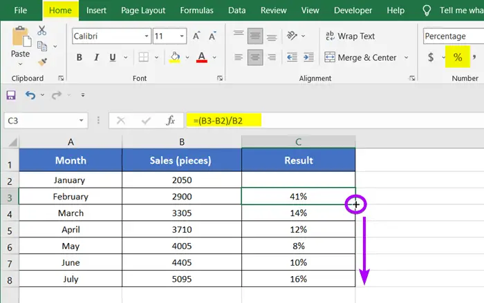 Using a Different Form of Percentage Increase Formula in Excel