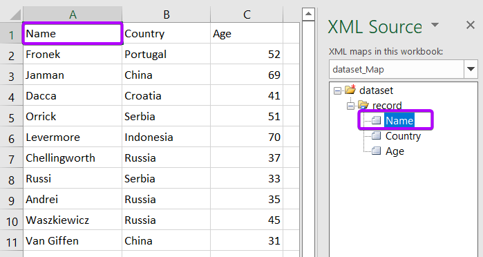Mapping XML Schema with Excel Dataset