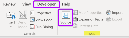Opening the XML Source Task Pane in Excel